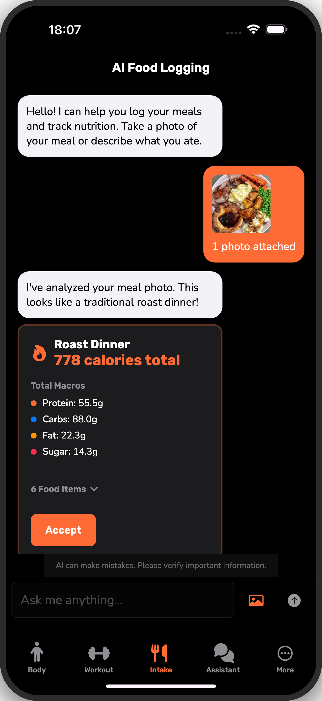 AI food logging feature for instant meal analysis