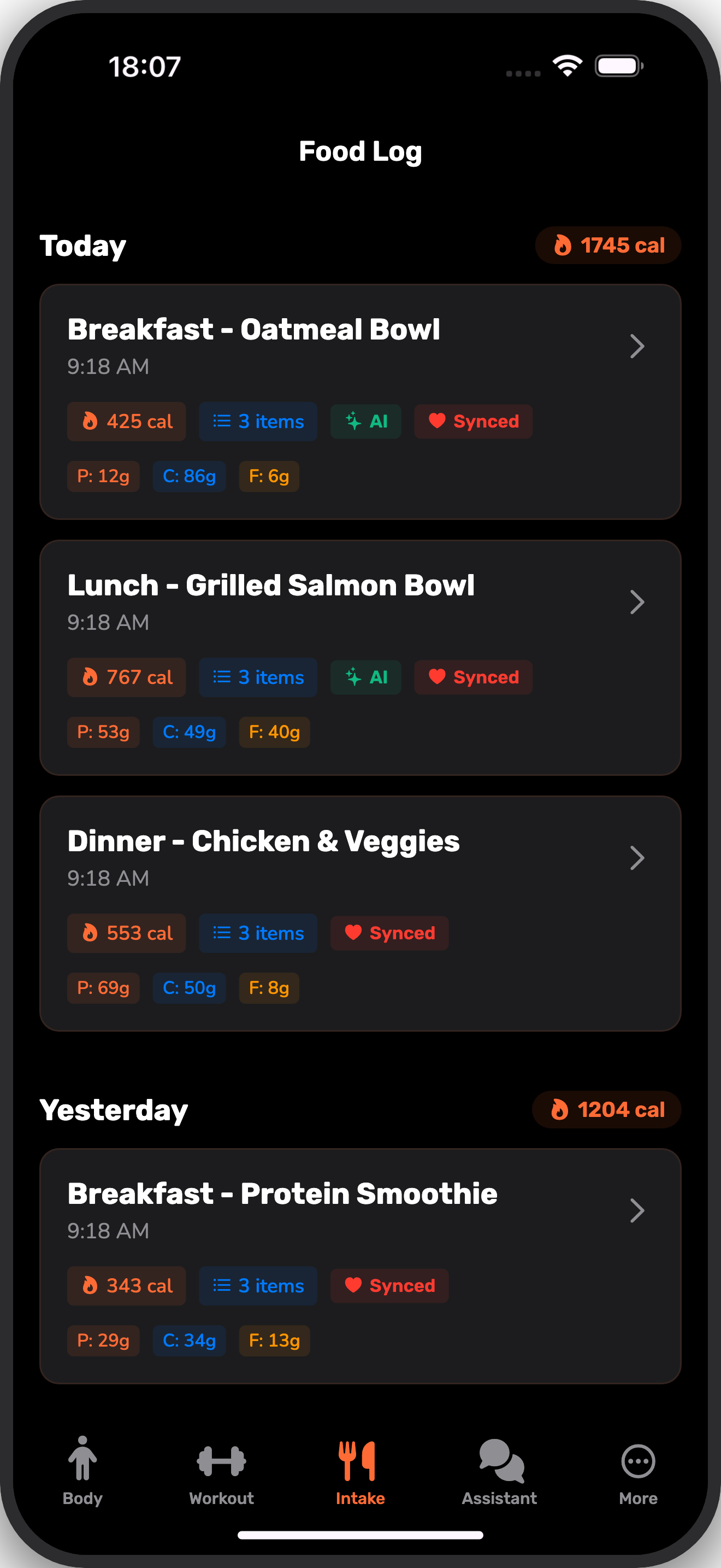 Meal history with detailed food items and macros