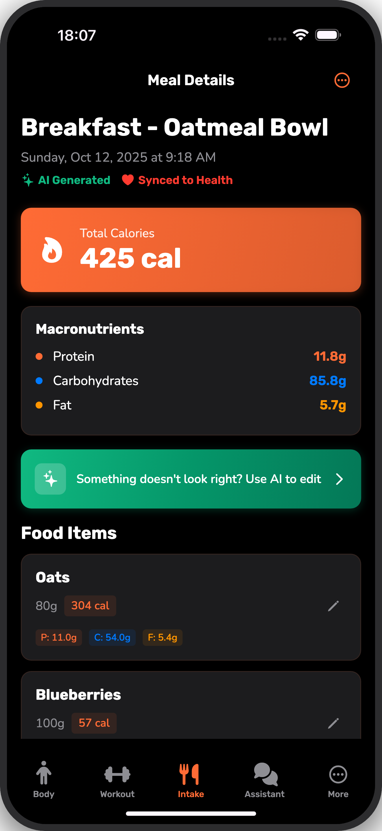 AI-analyzed meal with calories and macro breakdown