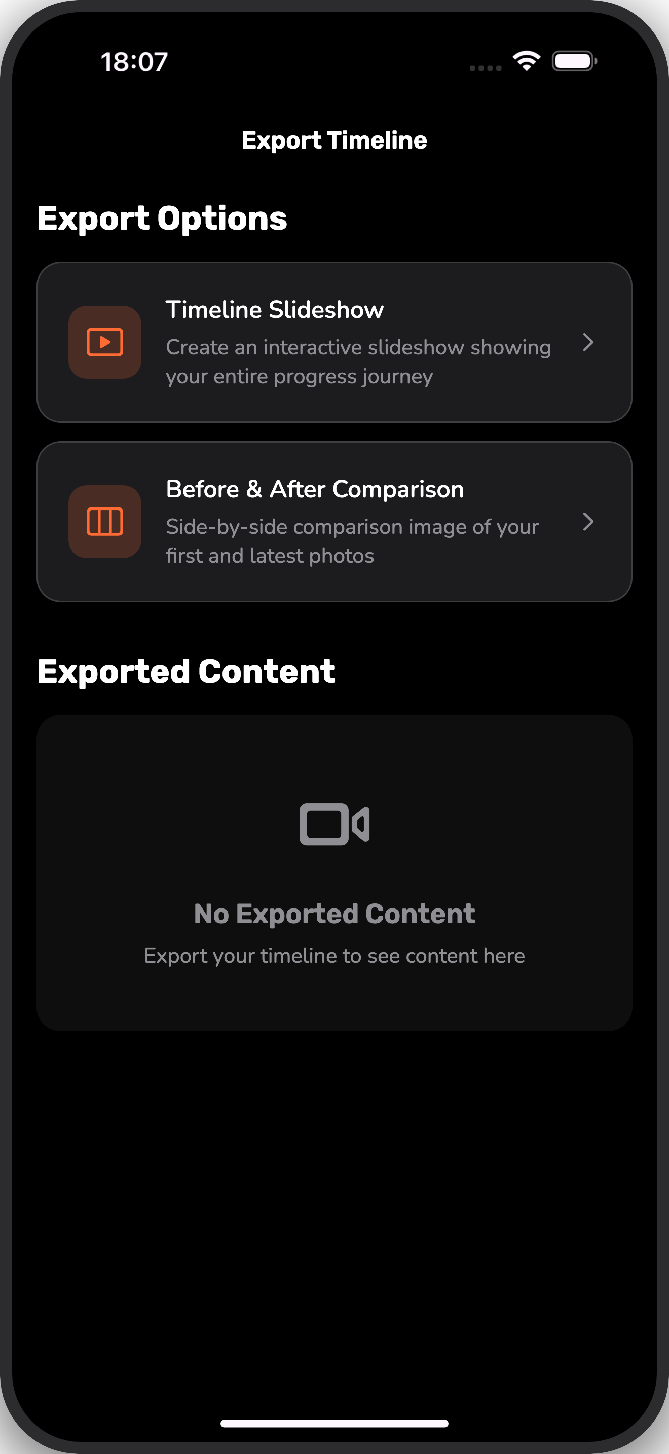 Timeline export options showing slideshows and before/after comparisons