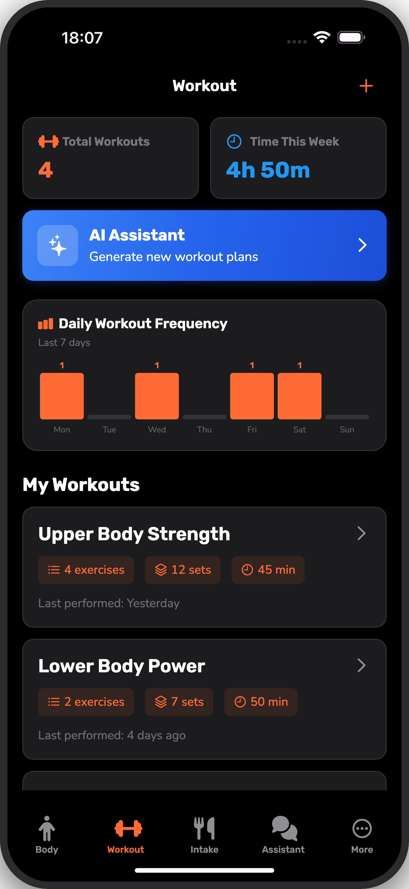 Workout dashboard with custom workout plans and frequency tracking